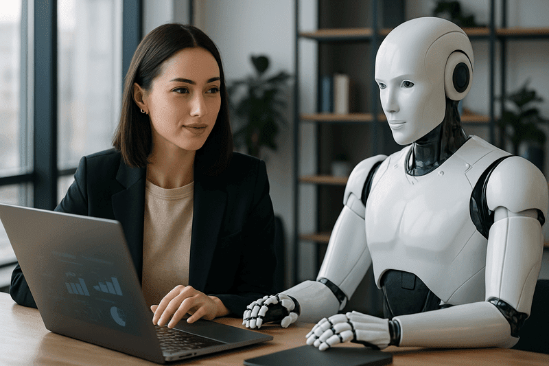 Modern AI collaboration in business – woman and robot working together in a high-tech office.